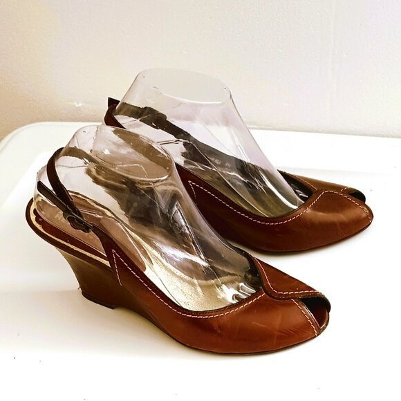 Kenneth Cole Peep Toe Wedge Shoes 8.5 Women's Burgundy Leather Slingback Heels - Picture 1 of 12